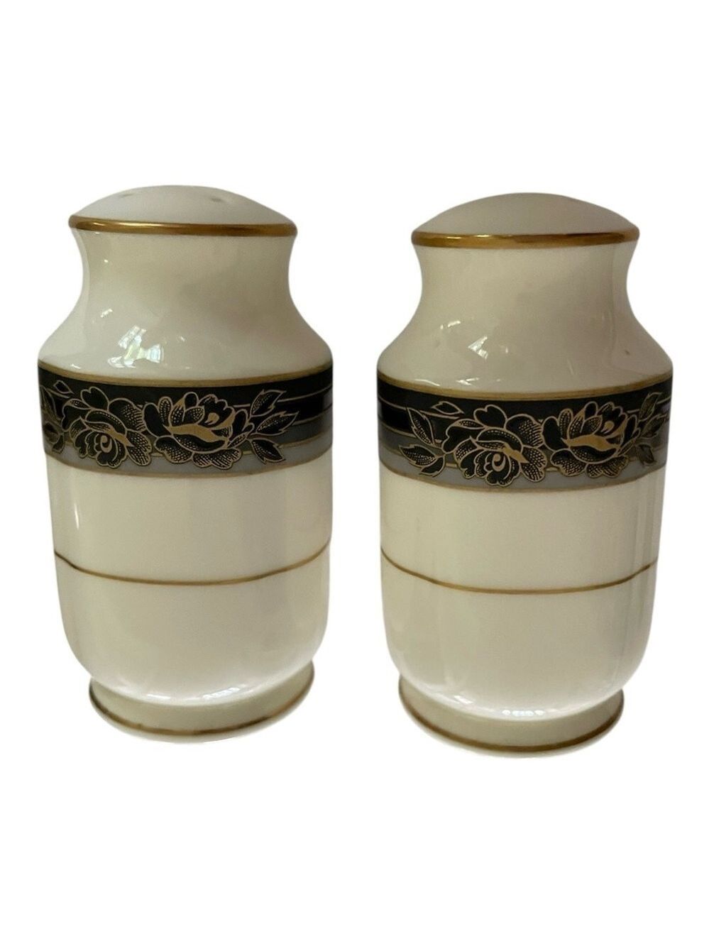 Noritake Salt & Pepper Shakers, Spell Binder, Gray, Black, Gold Stripe, Roses.